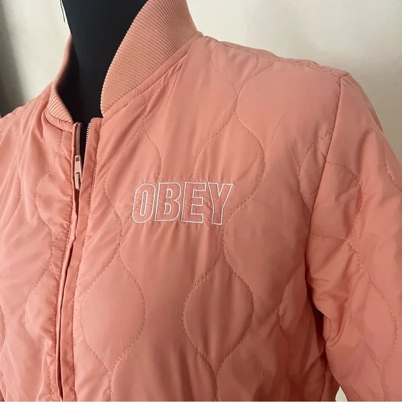 Obey Quilted Pink / Peach Embroidered Logo Puffer Jacket size Medium - Picture 2 of 12